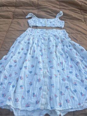 Free People Iris 2 Piece Smocked Corset Cropped Top Flowy Midi Skirt Set Size L